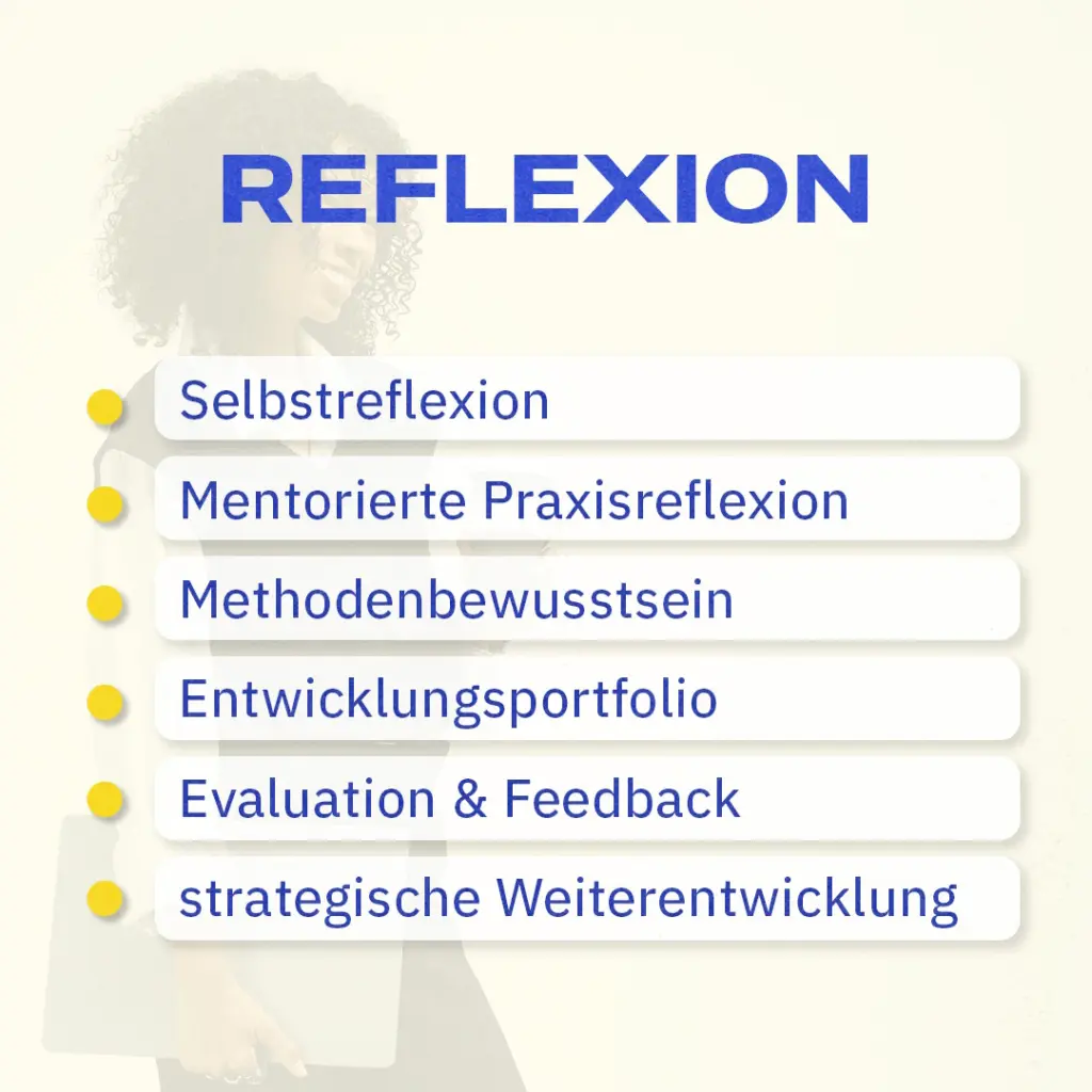 Reflexion - Selbstreflexion - Mentorierte Praxisreflexion - Methodenbewusstsein - Entwicklungsportfolio - Evaluation & Feedback - strategische Weiterentwicklung