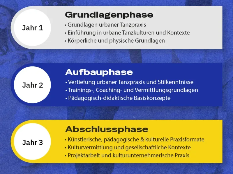 MSGR Academy Lehrplanübersicht (Ausgewählte inhaltliche Schwerpunkte) Jahr 1 Grundlagenphase • Grundlagen urbaner Tanzpraxis • Einführung in urbane Tanzkulturen und Kontexte • Körperliche und physische Grundlagen Jahr 2 Aufbauphase • Vertiefung urbaner Tanzpraxis und Stilkenntnisse • Trainings-, Coaching- und Vermittlungsgrundlagen • Pädagogisch-didaktische Basiskonzepte Jahr 3 Abschlussphase • Künstlerische, pädagogische & kulturelle Praxisformate • Kulturvermittlung und gesellschaftliche Kontexte • Projektarbeit und kulturunternehmerische Praxis